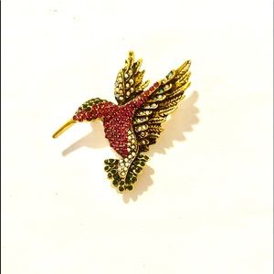 GOLD-TONE RHINESTONES HUMMINGBIRD BROOCH PIN MAGENTA CLEAR AND DARK GREEN EUC